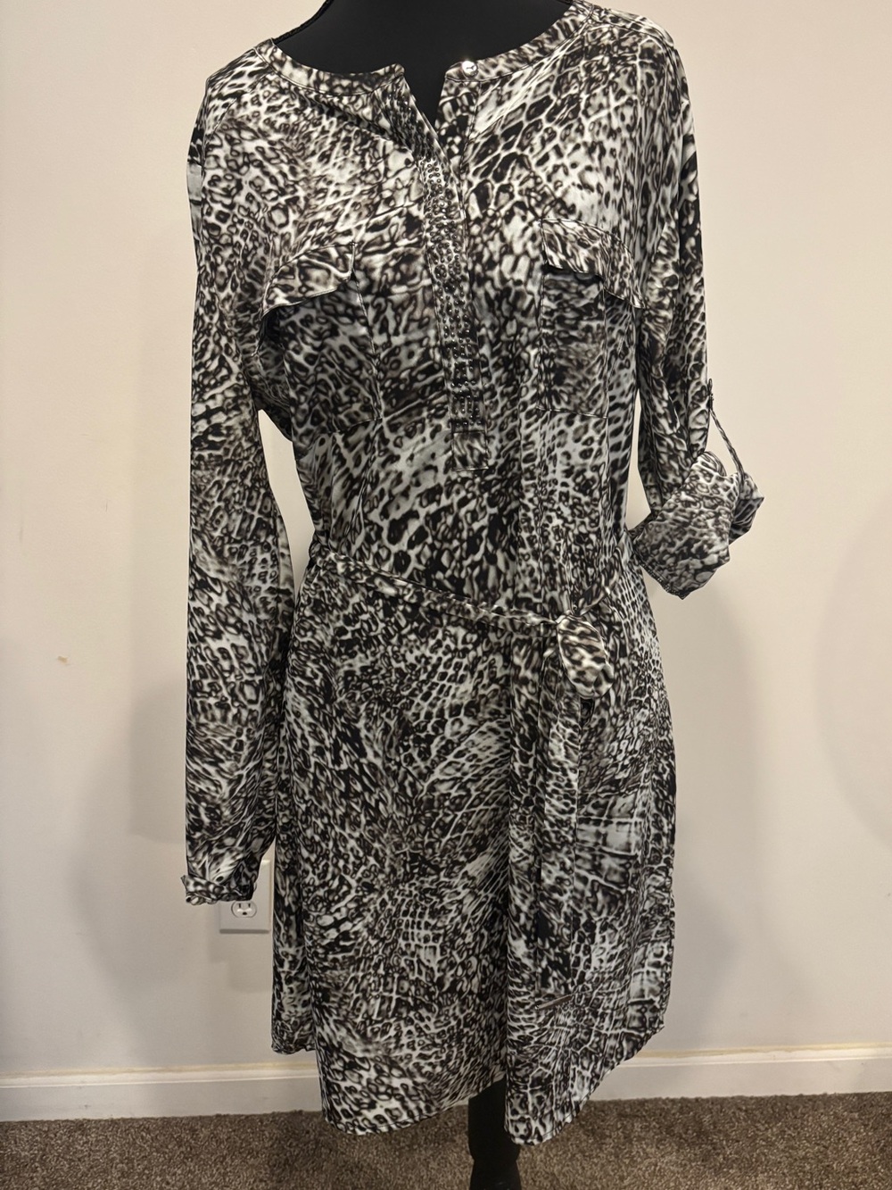 Black & White Animal Print Shirt Dress with rhinestone detail - Women's size 14
